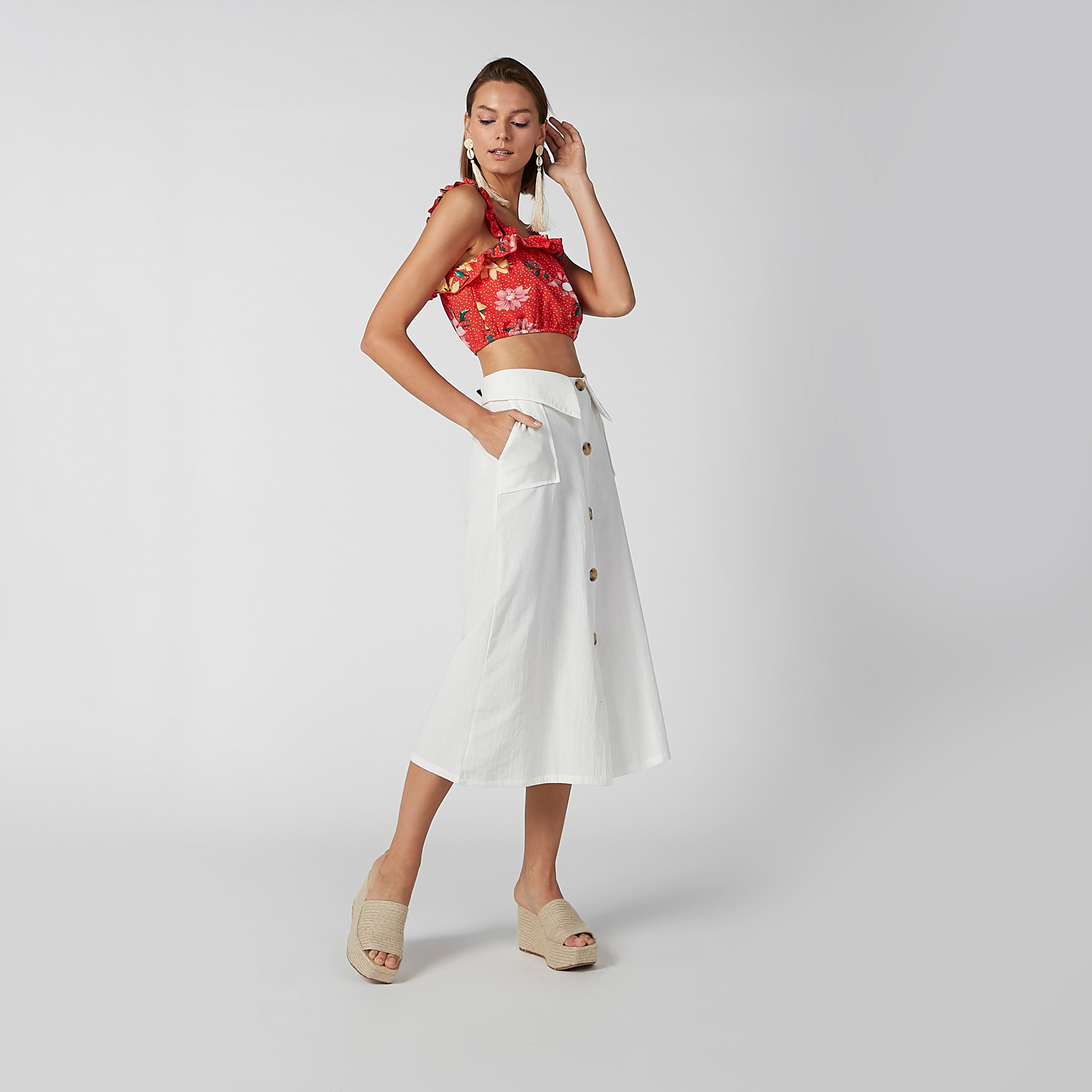 تنورة سادة إيه لاين متوسطة الطول بجيوب وأزرار-women-clothing-bottoms-skirts-image-4