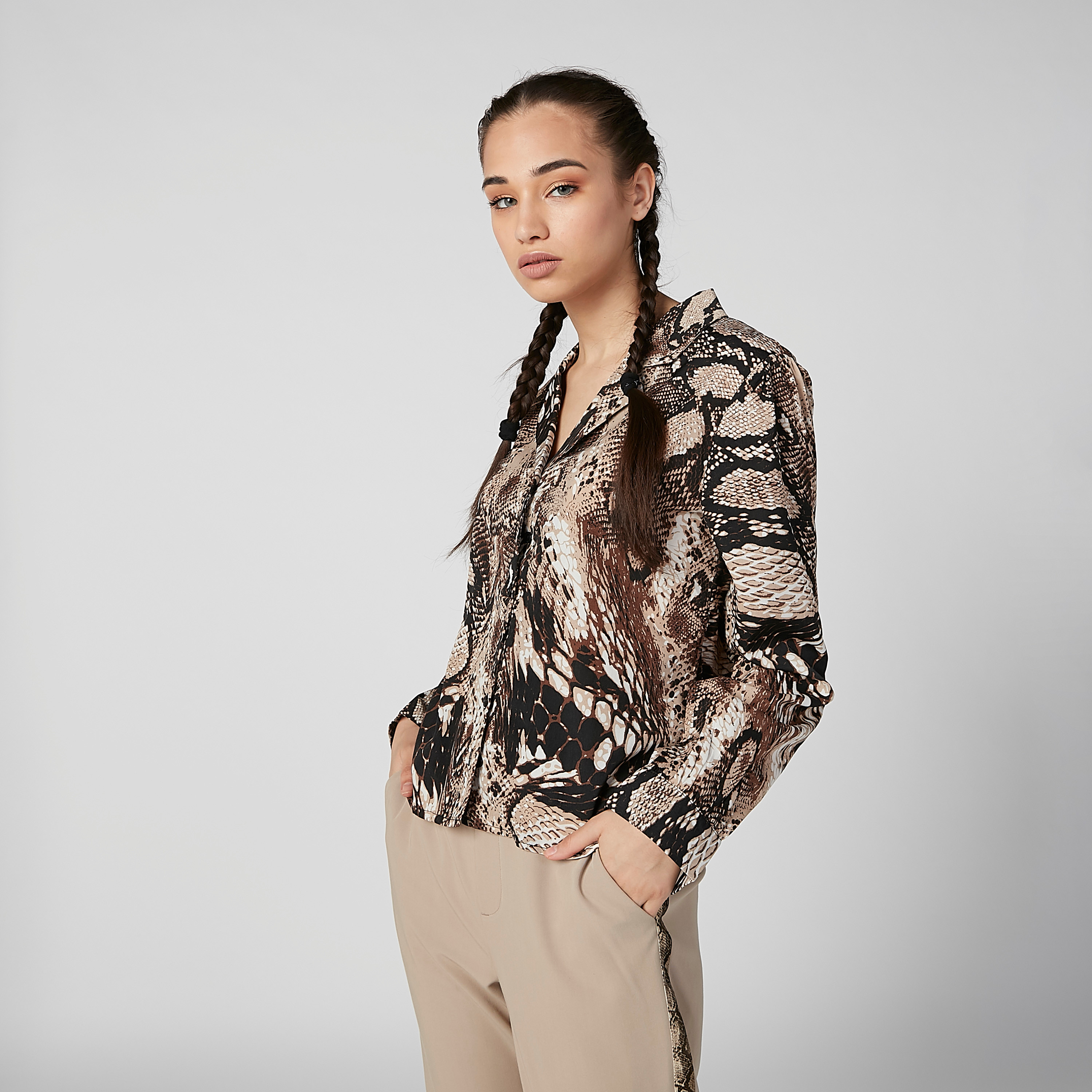 Animal Printed Shirt with Long Sleeves and Notched Lapel-women-clothing-shirtsandblouses-shirts-image-1