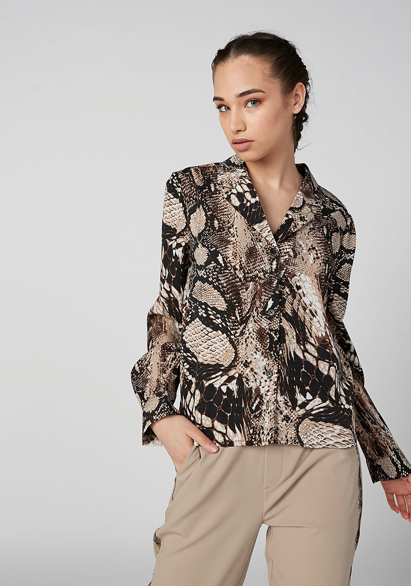 Animal Printed Shirt with Long Sleeves and Notched Lapel-Shirts and Blouses-image-3