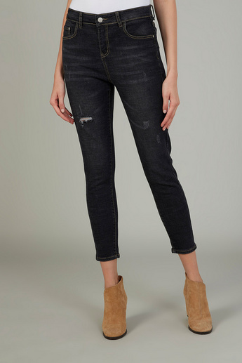 2Xtremz Skinny Fit Cropped Distressed Mid Waist Jeans with Pocket Detail