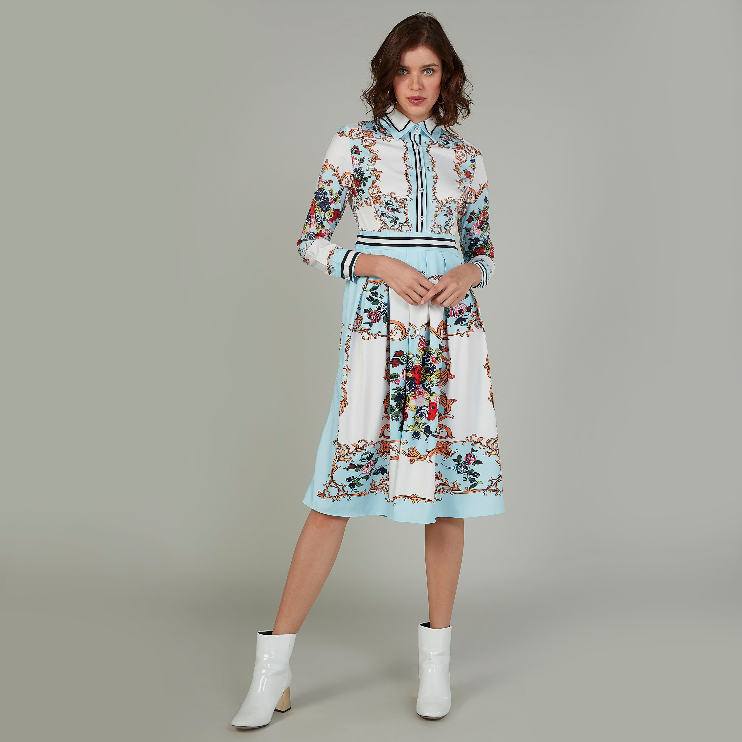 Printed Midi A-line Dress with Long Sleeves and Spread Collar-women-clothing-dresses-image-1