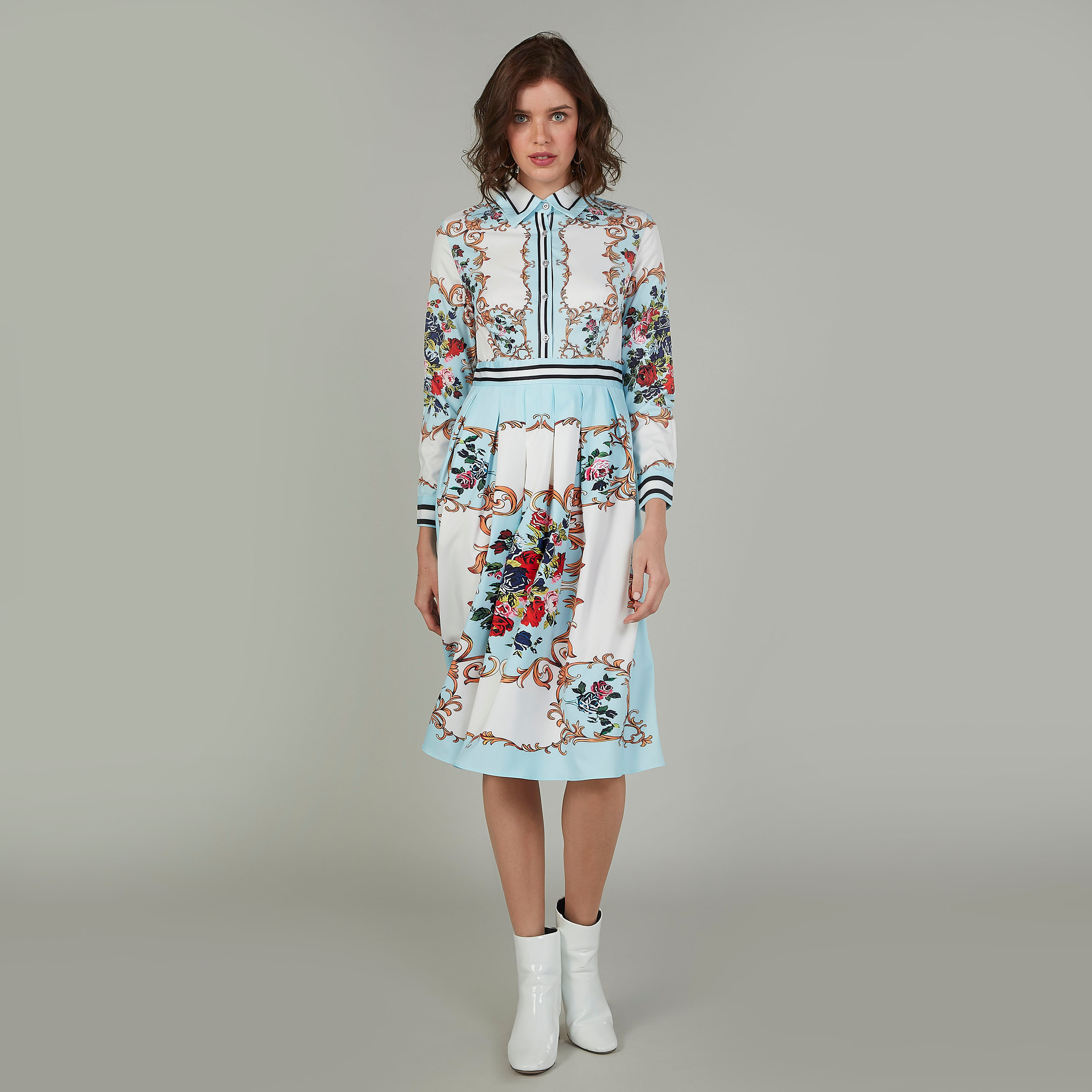 Printed Midi A-line Dress with Long Sleeves and Spread Collar-women-clothing-dresses-image-2