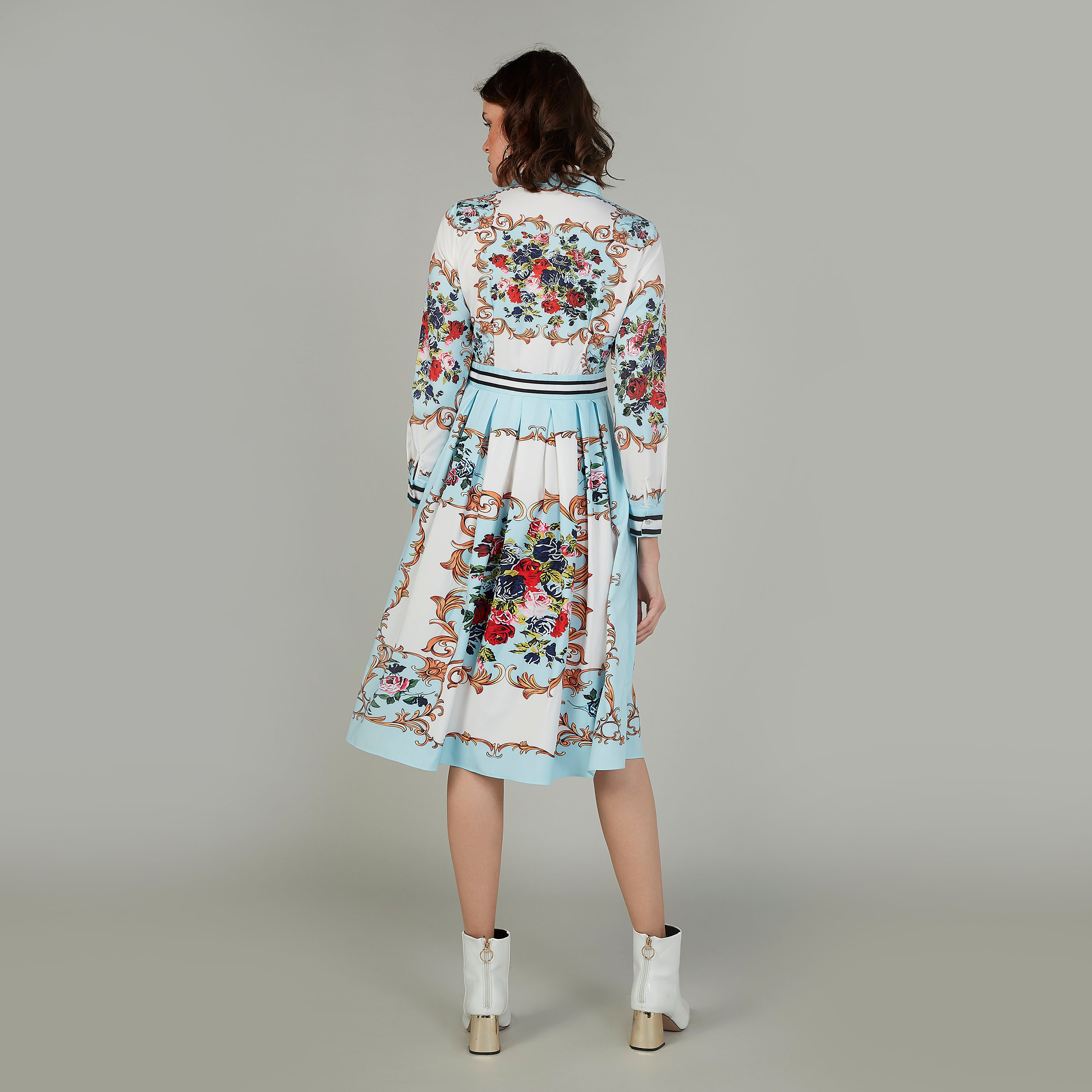 Printed Midi A-line Dress with Long Sleeves and Spread Collar-women-clothing-dresses-image-4