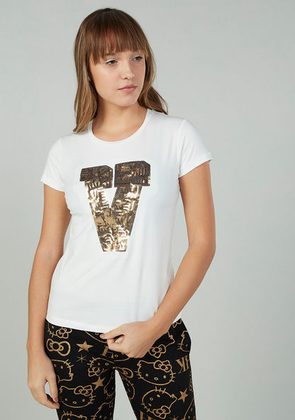 Sequin Detail T-shirt with Round Neck and Cap Sleeves
