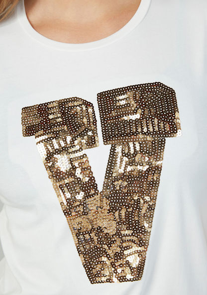 Sequin Detail T-shirt with Round Neck and Cap Sleeves