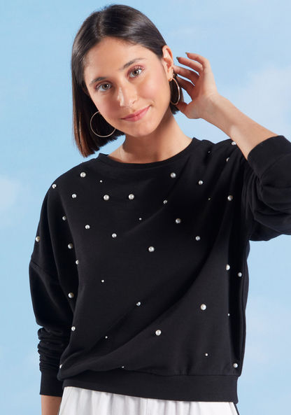 Pearl Detail Sweatshirt with Round Neck and Long Sleeves