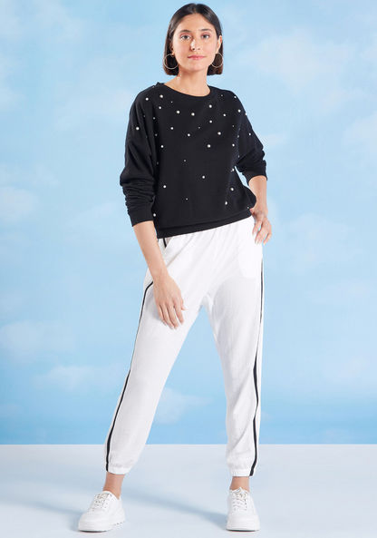 Pearl Detail Sweatshirt with Round Neck and Long Sleeves