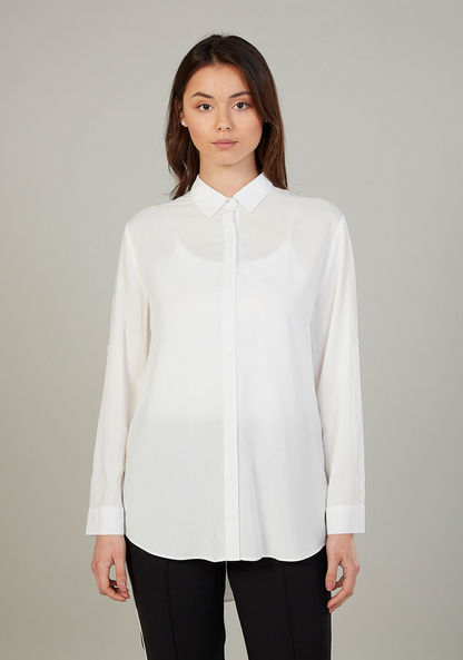 Woven Plain Shirt with Spread Collar and Long Sleeves
