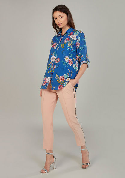 Floral Print Top with Spread Collar and Long Sleeves