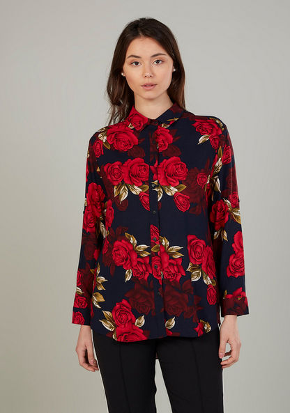 Floral Print Shirt with Long Sleeves and Spread Collar