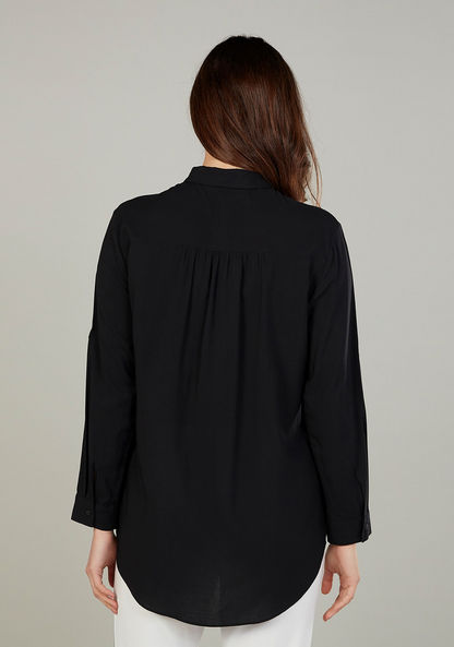 Woven Plain Shirt with Spread Collar and Long Sleeves