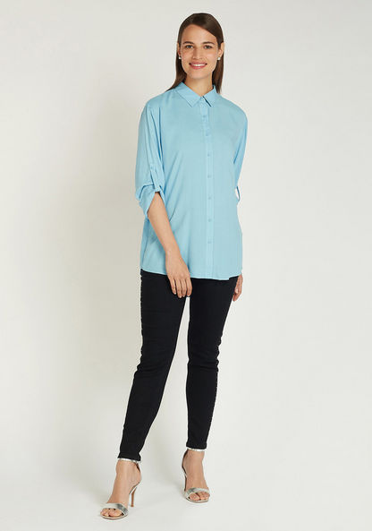Solid Shirt with Long Sleeves and High Low Hem
