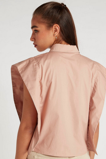 Sustainable 2Xtremz Solid Button-Up Top with Collar and Cap Sleeves