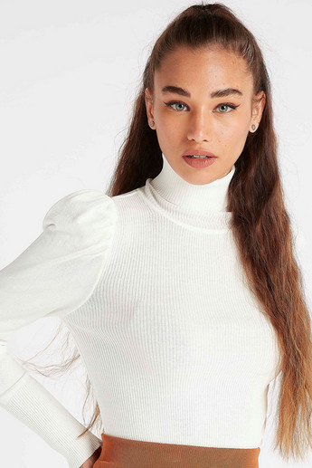 2Xtremz Textured Top with High Neck and Puff Sleeves