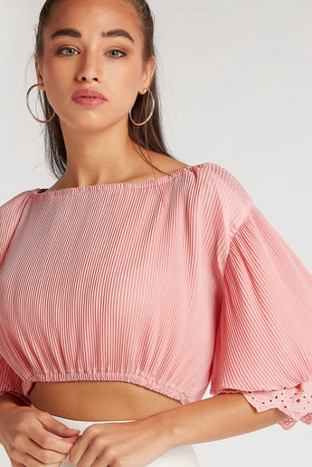 2Xtremz Textured Boat Neck Crop Top with Tie-Ups and 3/4 Sleeves