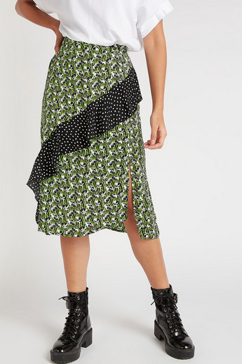 2Xtremz Floral Print Midi A-line Skirt with Slit and Ruffle Detail