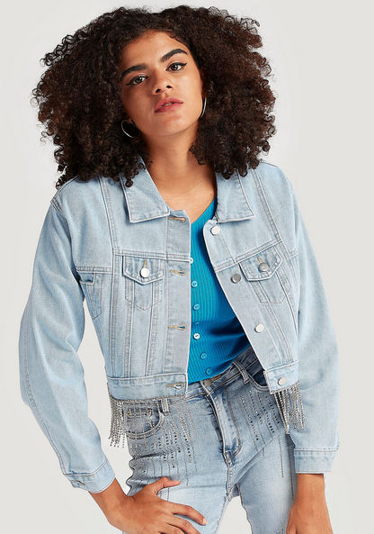 2Xtremz Embellished Button Up Denim Jacket with Long Sleeves