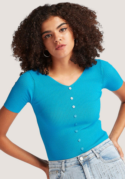 2Xtremz Textured Button Detail Top with V-neck and Short Sleeves-Shirts & Blouses-image-0
