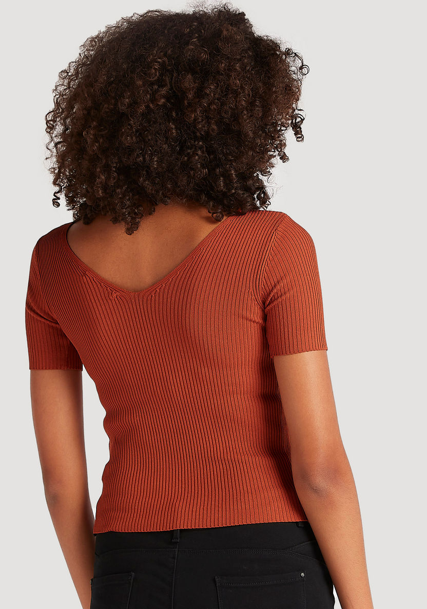 2Xtremz Textured Button Detail Top with V-neck and Short Sleeves-Shirts & Blouses-image-2