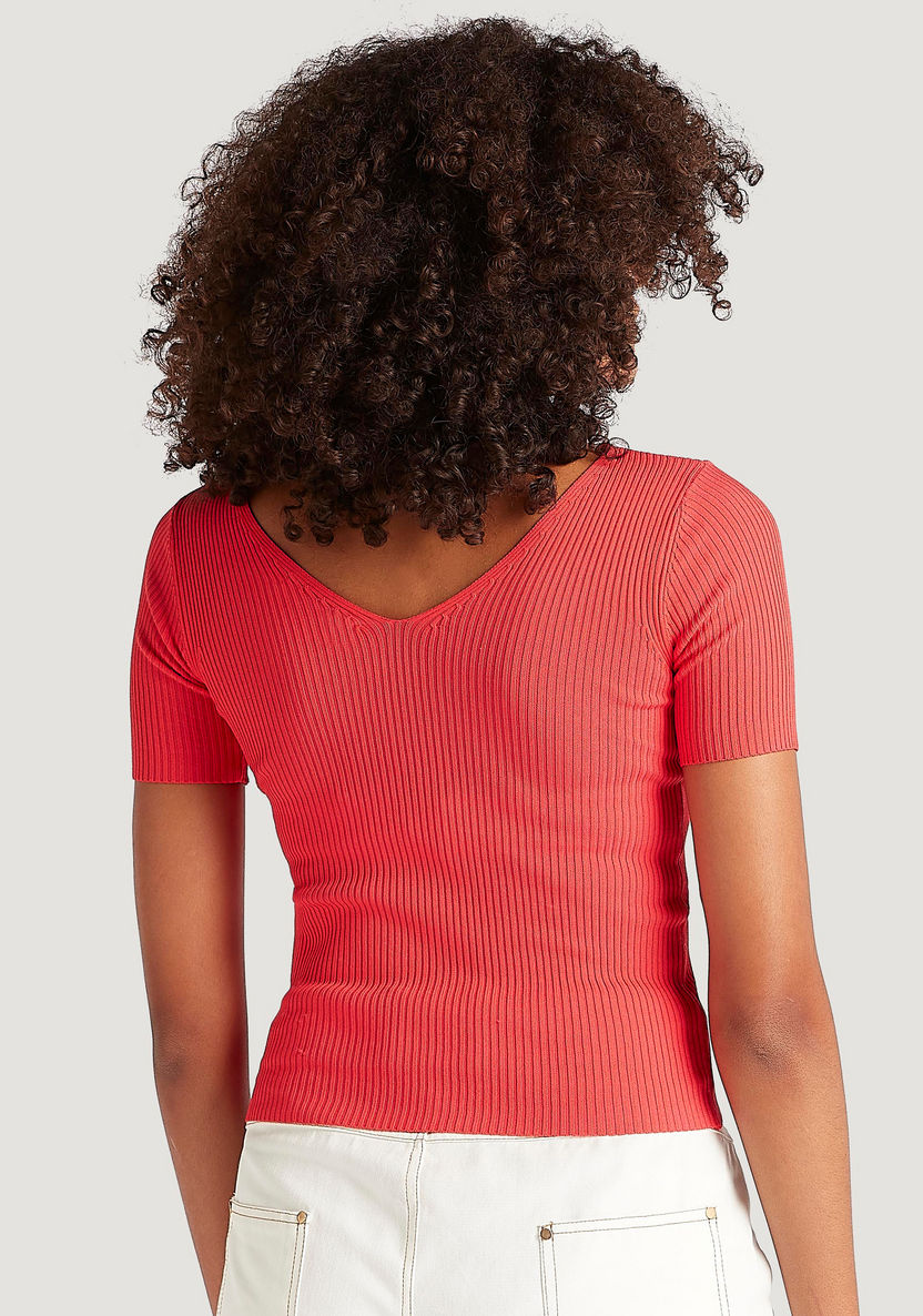 2Xtremz Textured Button Detail Top with V-neck and Short Sleeves-Shirts & Blouses-image-3