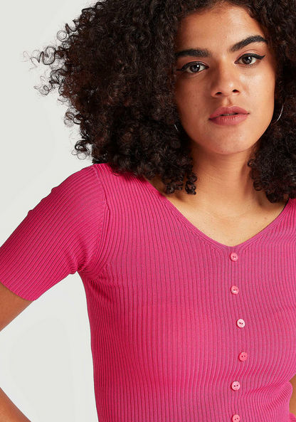 2Xtremz Textured Button Detail Top with V-neck and Short Sleeves-Shirts & Blouses-image-2