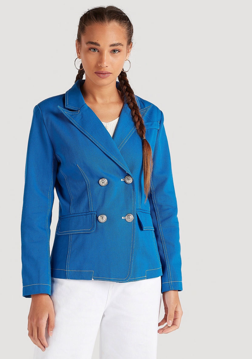 Stitch Detailed Double Breasted Jacket with Power Shoulder-Jackets-image-0