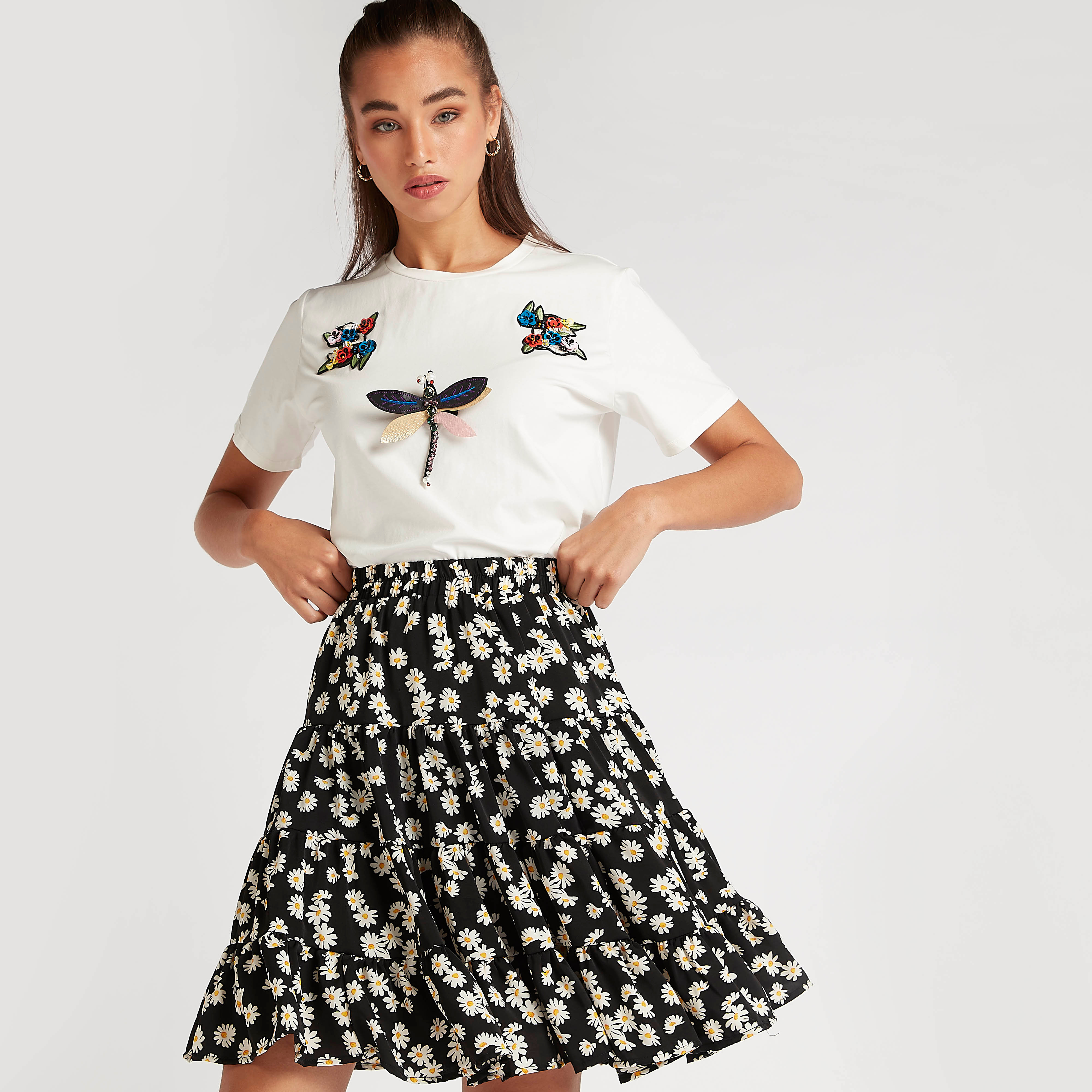 Buy Floral Print Mini Skater Skirt with Elasticised Waistband Splash Bahrain