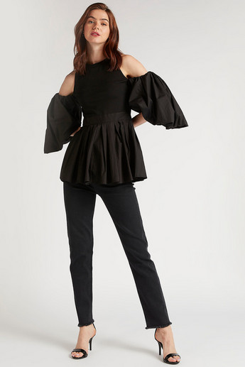 2Xtremz Solid Crew Neck Blouse with Cold Shoulder Sleeves and Pleats
