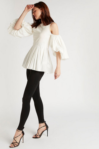2Xtremz Solid Crew Neck Blouse with Cold Shoulder Sleeves and Pleats