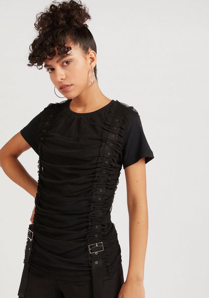 2Xtremz Ruched Crew Neck Top with Short Sleeves and Buckle Accent-Shirts & Blouses-image-0