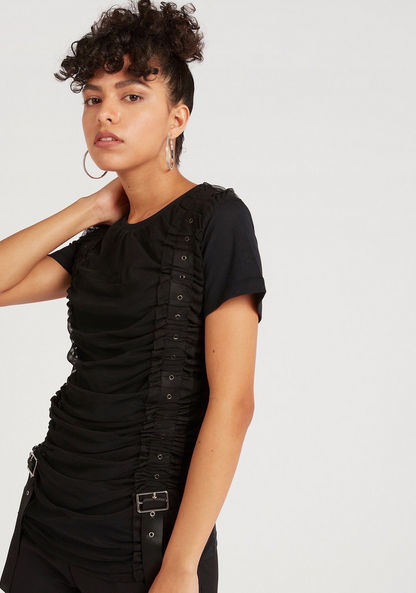 2Xtremz Ruched Crew Neck Top with Short Sleeves and Buckle Accent-Shirts & Blouses-image-5