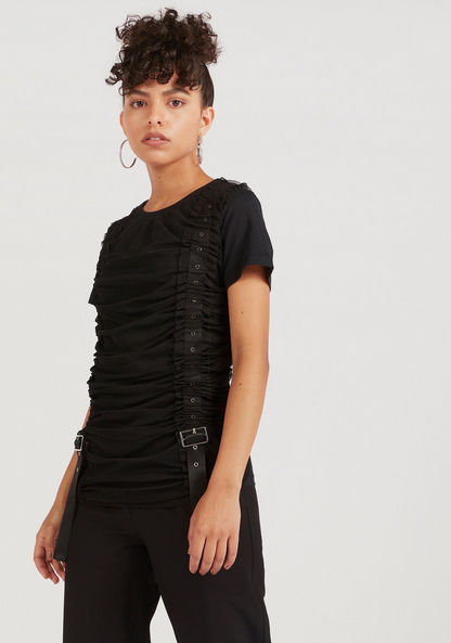 2Xtremz Ruched Crew Neck Top with Short Sleeves and Buckle Accent-Shirts & Blouses-image-6