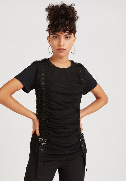 2Xtremz Ruched Crew Neck Top with Short Sleeves and Buckle Accent-Shirts & Blouses-image-7