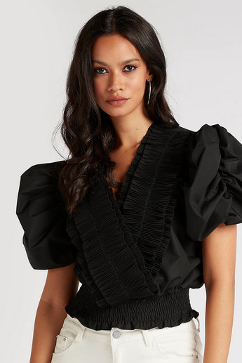 2Xtremz Textured V-neck Crop Top with Puff Sleeves and Ruffle Detail