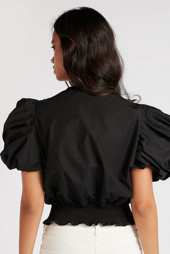 2Xtremz Textured V-neck Crop Top with Puff Sleeves and Ruffle Detail