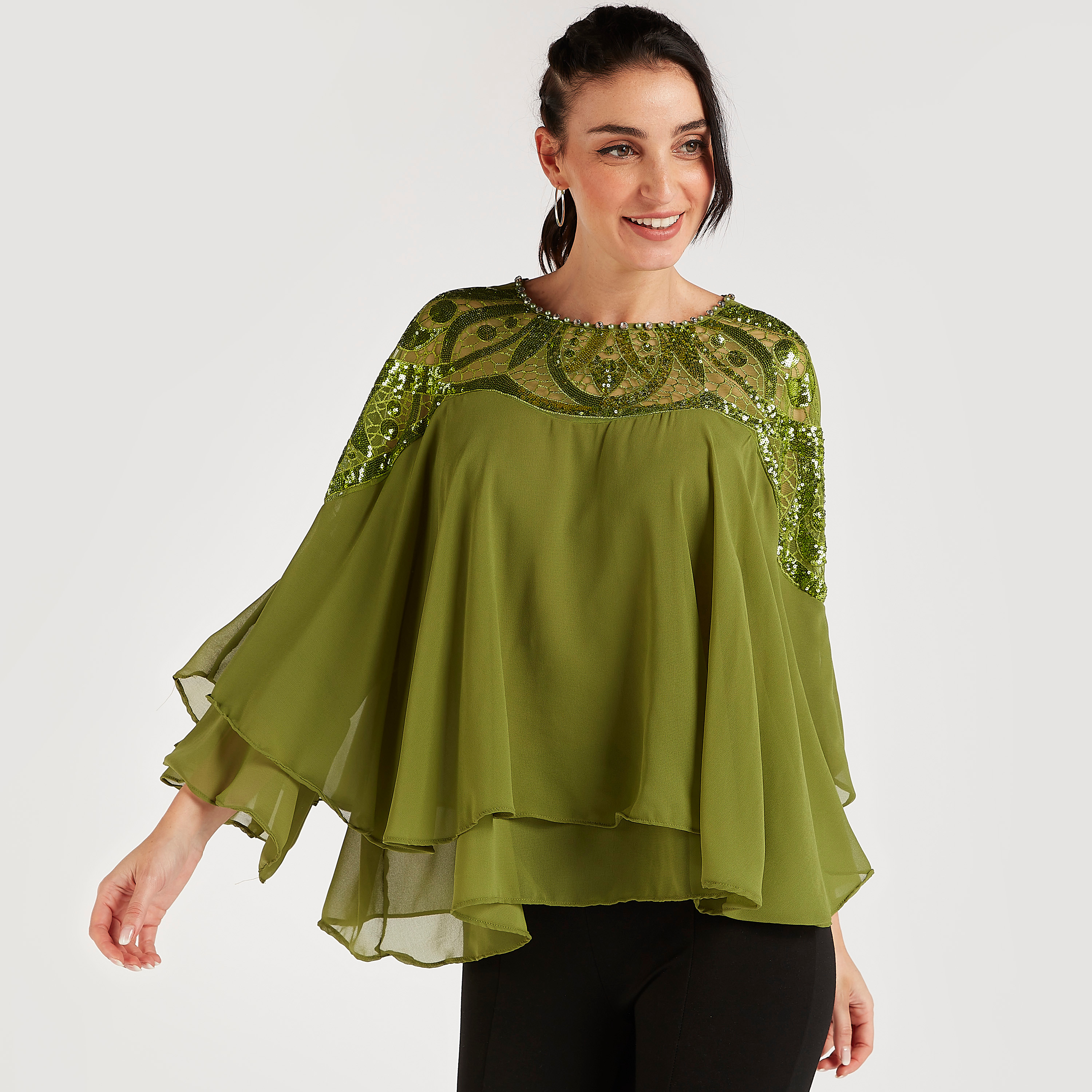 Embellished Yoke Top with Flared Sleeves and Crew Neck-women-clothing-shirtsandblouses-blouses-image-1
