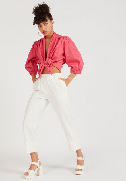 2Xtremz Solid Crop Top with Puff Sleeves and Front Tie-Ups-Shirts & Blouses-image-1