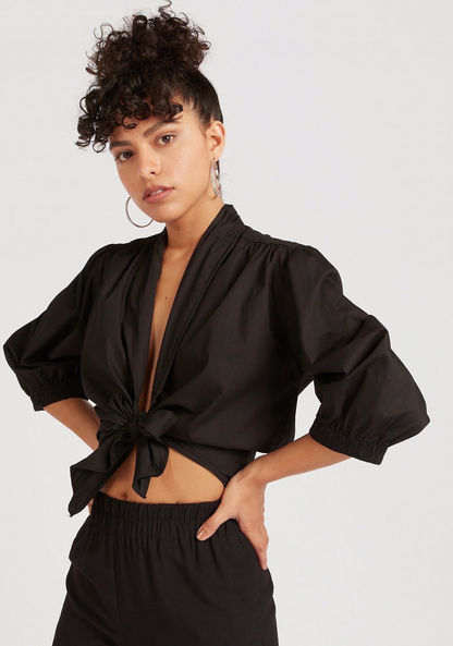 2Xtremz Solid Crop Top with Puff Sleeves and Front Tie-Ups-Shirts & Blouses-image-0