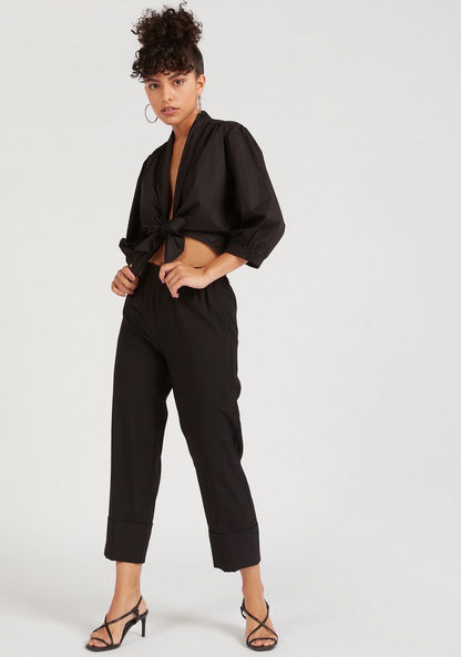2Xtremz Solid Crop Top with Puff Sleeves and Front Tie-Ups-Shirts & Blouses-image-1
