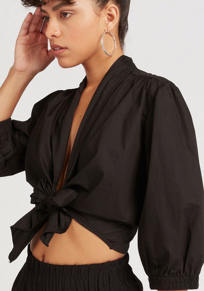 2Xtremz Solid Crop Top with Puff Sleeves and Front Tie-Ups-Shirts & Blouses-image-4