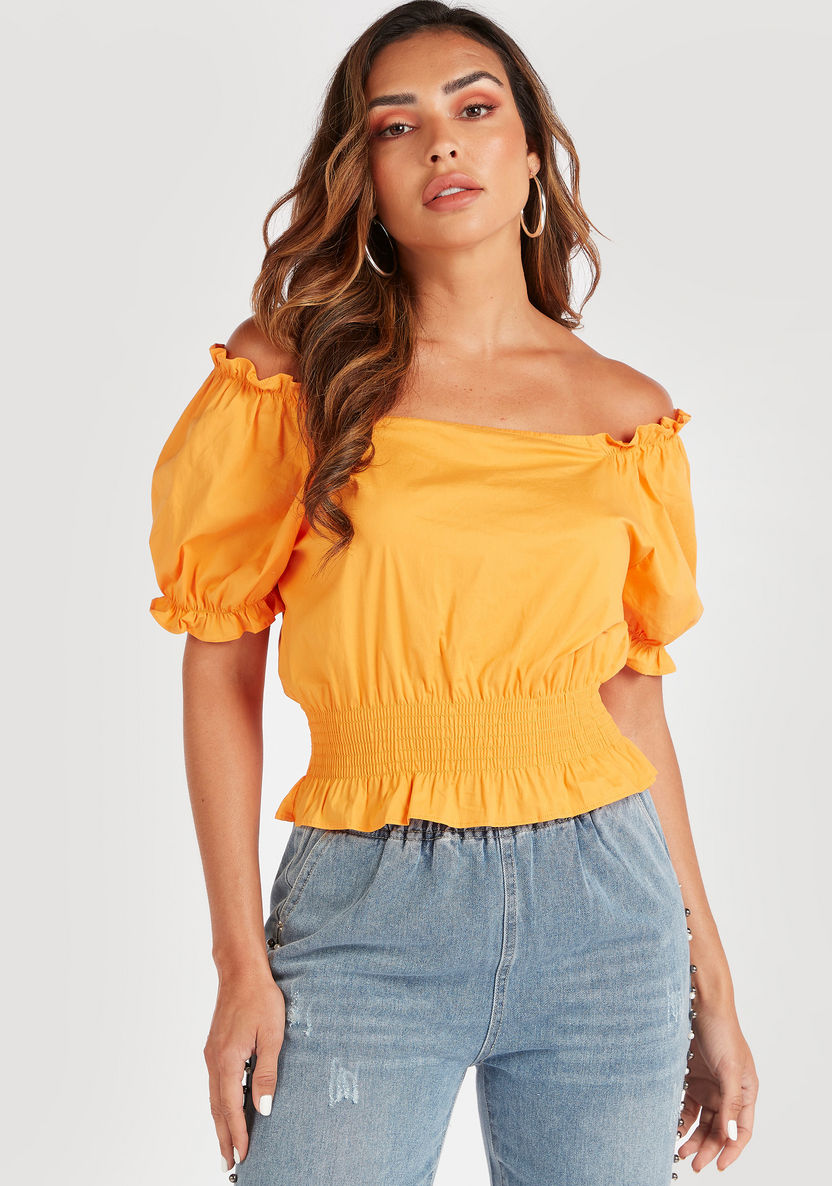 2Xtremz Solid Off Shoulder Blouse with Short Sleeves-Shirts & Blouses-image-0