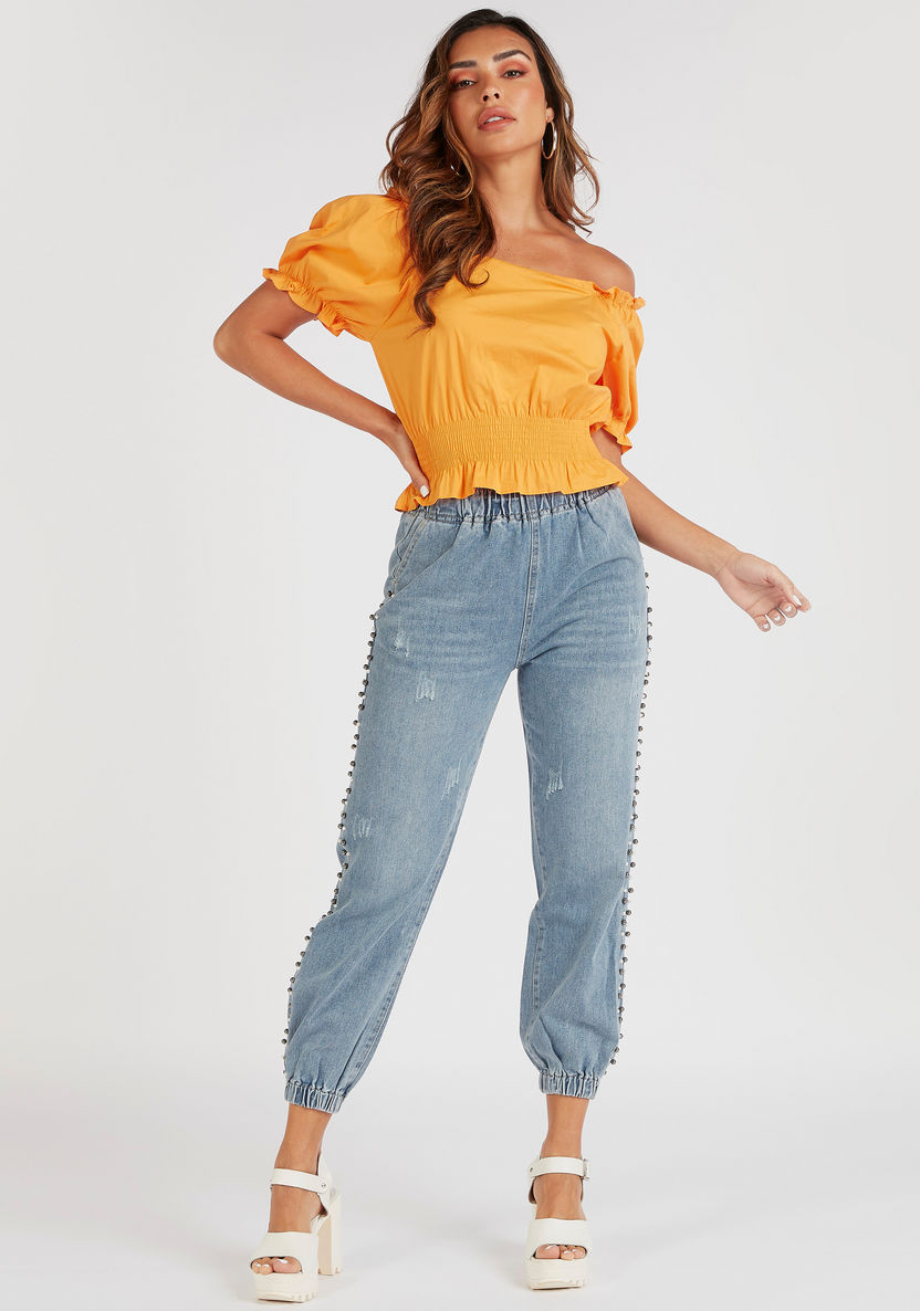 2Xtremz Solid Off Shoulder Blouse with Short Sleeves-Shirts & Blouses-image-1