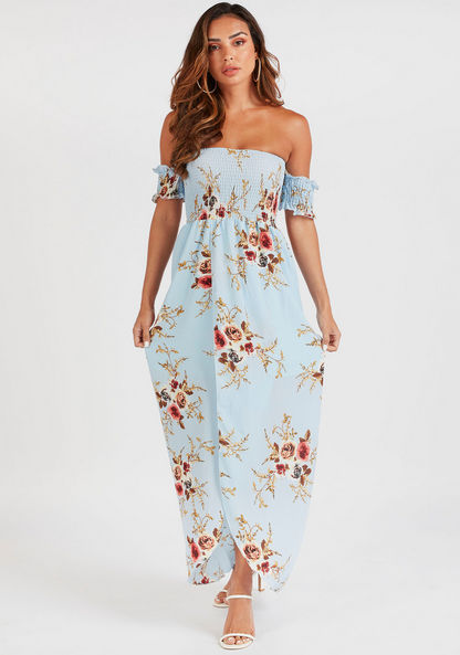 2Xtremz Floral Print Off Shoulder Maxi A-line Dress with Short Sleeves