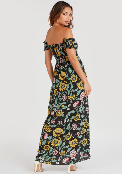 2Xtremz Floral Print Off Shoulder Maxi Dress with Smocked Detail