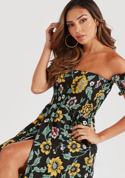 2Xtremz Floral Print Off Shoulder Maxi Dress with Smocked Detail