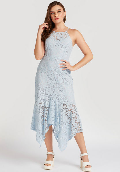 Lace Detailed Midi Asymmetric Dress with Adjustable Straps