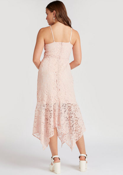 Lace Detailed Midi Asymmetric Dress with Adjustable Straps