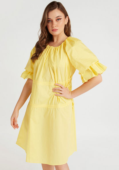 2Xtremz Solid Midi A-line Dress with Flared Sleeves and Tie Up