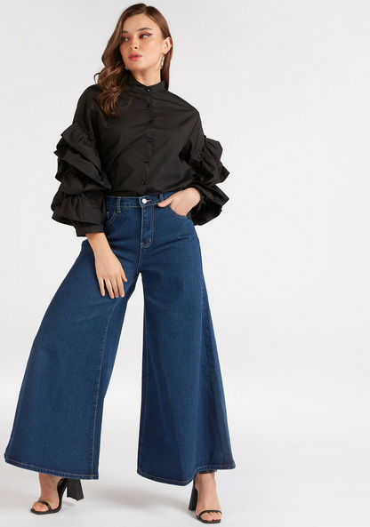 2Xtremz Solid High-Rise Flare Pants with Pockets and Button Closure