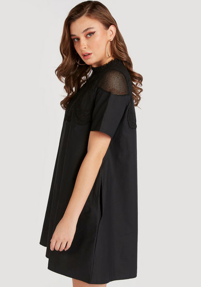 2Xtremz Embroidered Mini A-line Dress with High Neck and Pockets